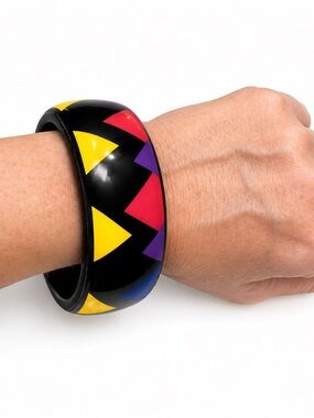 New Geometric Acrylic Bangle Bracelet Black Yellow Colorblock Statement Cuff